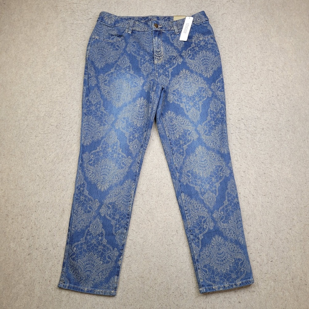 Chico's Girlfriend Slim Leg Ankle 1 Womens 8 Jeans Blue Paisley Pants NEW